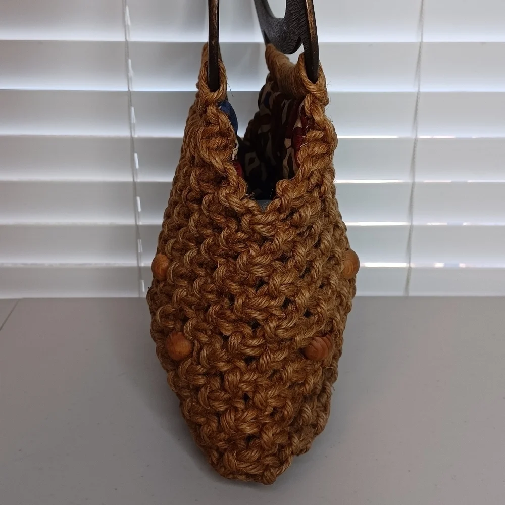Vintage Boho Macrame Beaded Natural Wood Handbag